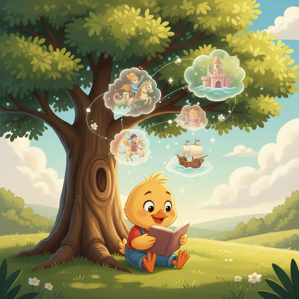 Pencerita: Sekarang, mari kita lihat يوم الأربعاء - Yaumul Arba'a, Hari Rabu! Didi membaca buku cerita yang menarik. Dia duduk di bawah pokok, membayangkan kisah-kisah yang menakjubkan dari buku yang dibacanya. Buku apa yang Didi baca hari ini?