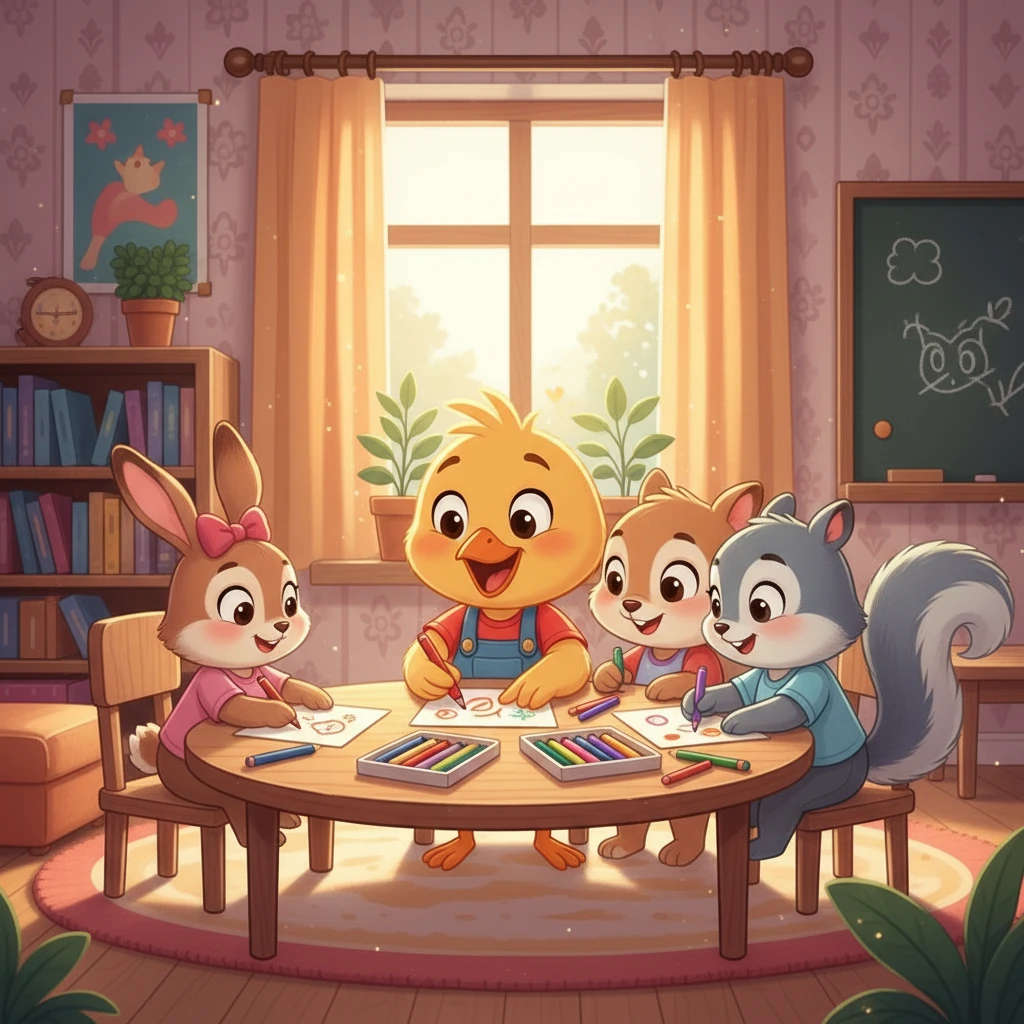 Pencerita: Pada hari Khamis, iaitu يوم الخميس - Yaumul Khomiis! Nana membantu kawan-kawannya di dalam kelas. Mereka belajar bersama-sama, berkongsi pensel warna, dan saling membantu dalam setiap tugasan. Betapa baiknya Nana!