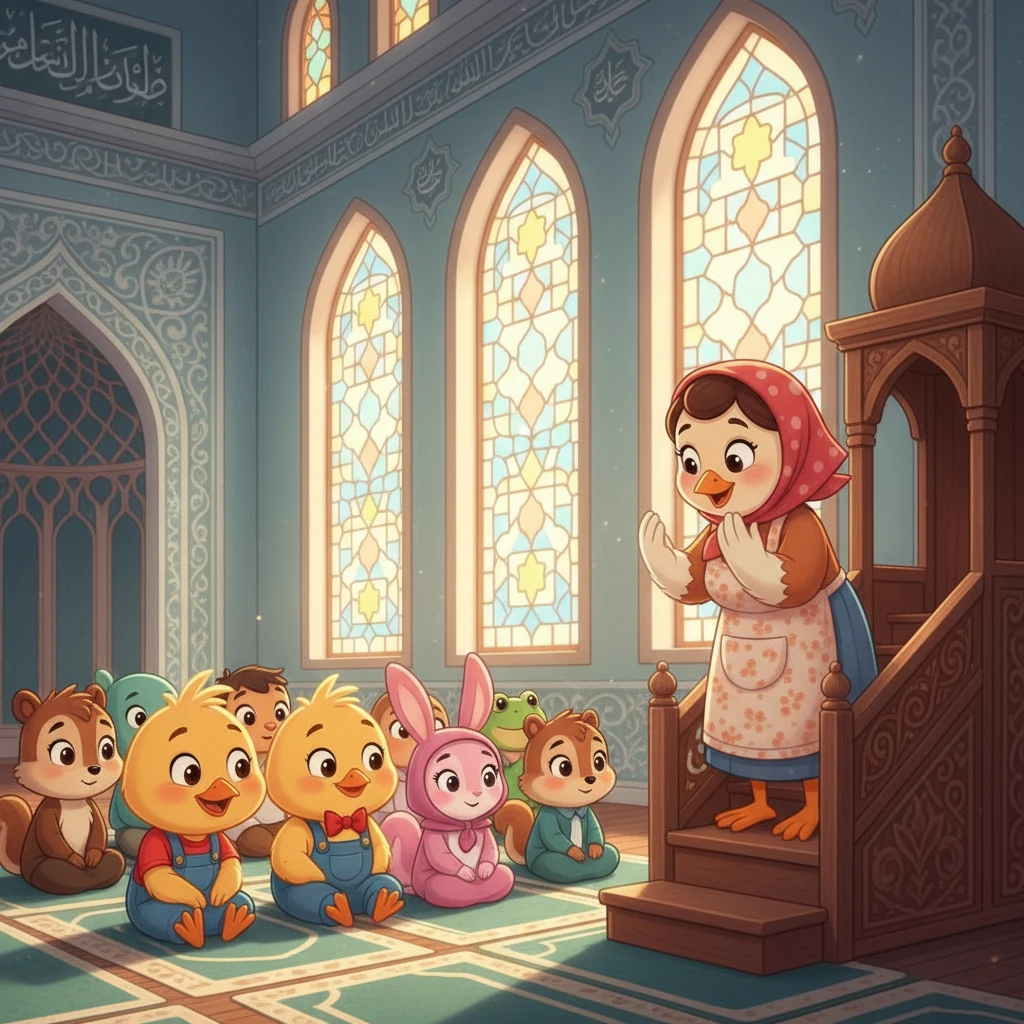 Pencerita: Hari Jumaat adalah يوم الجمعة - Yaumul Jumu'ah! Hari ini, semua pergi ke masjid untuk belajar adab solat. Didi, Nana, Jojo, dan rakan-rakan lain belajar dengan penuh perhatian. Mari kita semua belajar bersama!