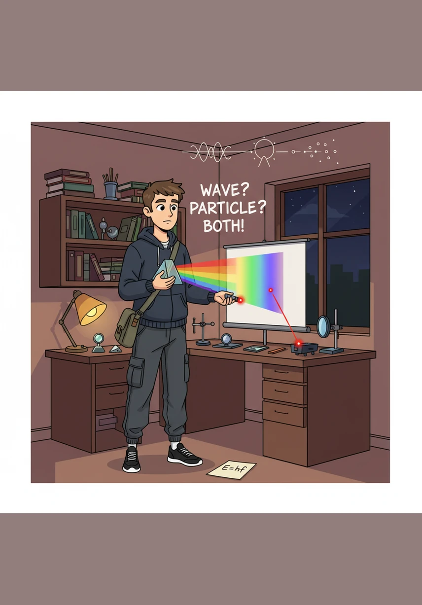 In his study, Alisher explores the dual nature of light, visualizing it as both a continuous electromagnetic wave and a stream of energetic particles called photons. He is amazed to learn that light is the fastest messenger in the universe, traveling at incredible speeds through the vacuum of space.