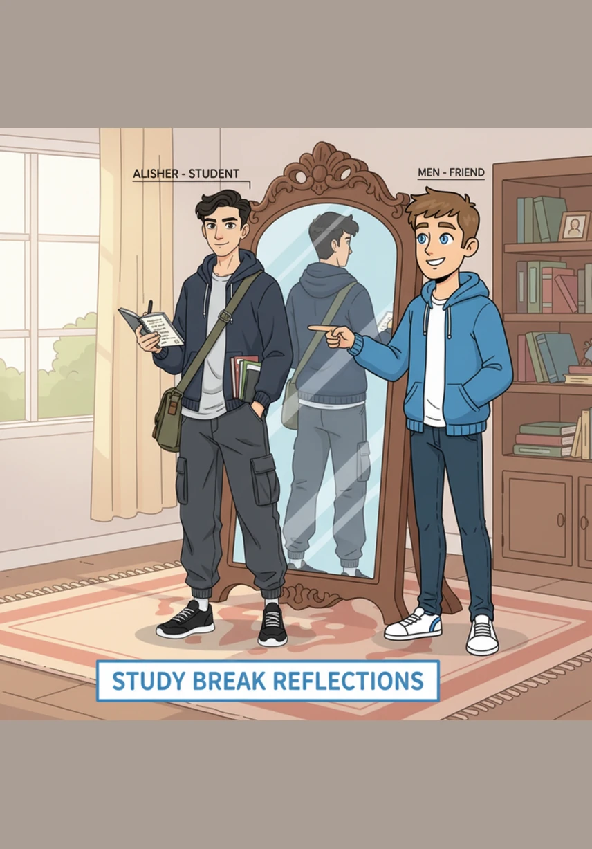 Standing before a large mirror, Alisher uses a laser pointer to demonstrate the law of reflection, noting how the angle of incidence always equals the angle of reflection. He carefully sketches the path of the rays, realizing how mirrors help us see the world from different perspectives.