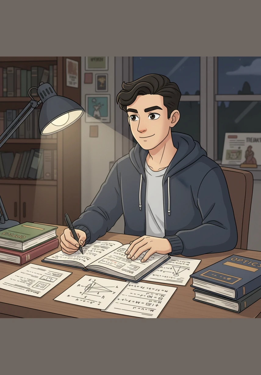 Alisher spends the evening at his desk solving a series of challenging physics problems, ranging from simple ray tracing to complex calculations of image magnification. He meticulously works through each solution, proving that the laws of optics are as precise as they are beautiful.