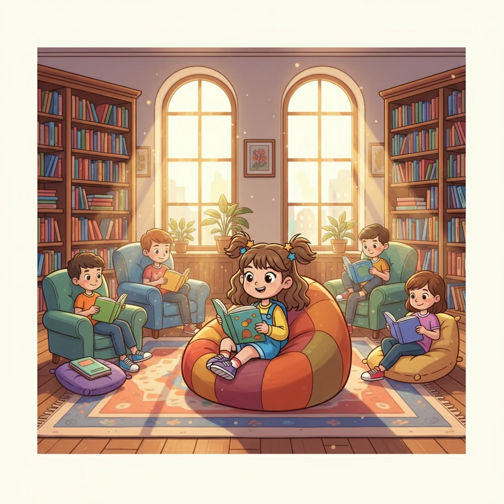 Anya's dream school had a cozy library filled with colorful books. Soft, comfortable chairs were scattered around, inviting students to curl up and read. Sunlight streamed in through the windows, illuminating the pages of exciting stories.