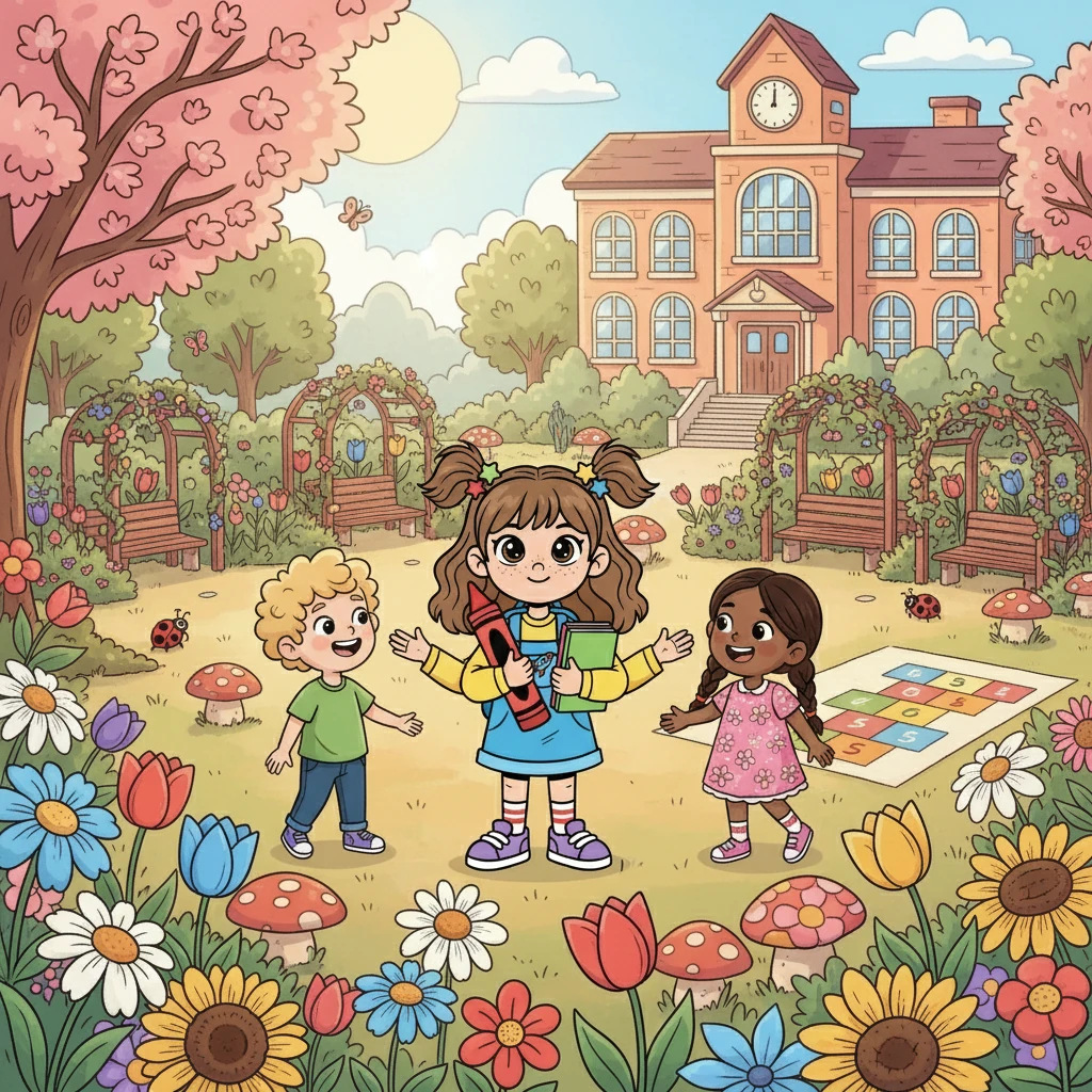 Outside, the schoolyard bloomed with colorful flowers and inviting resting areas. Anya pictured her friends and herself playing games and sharing secrets. It was a place where friendships blossomed as beautifully as the flowers around them.