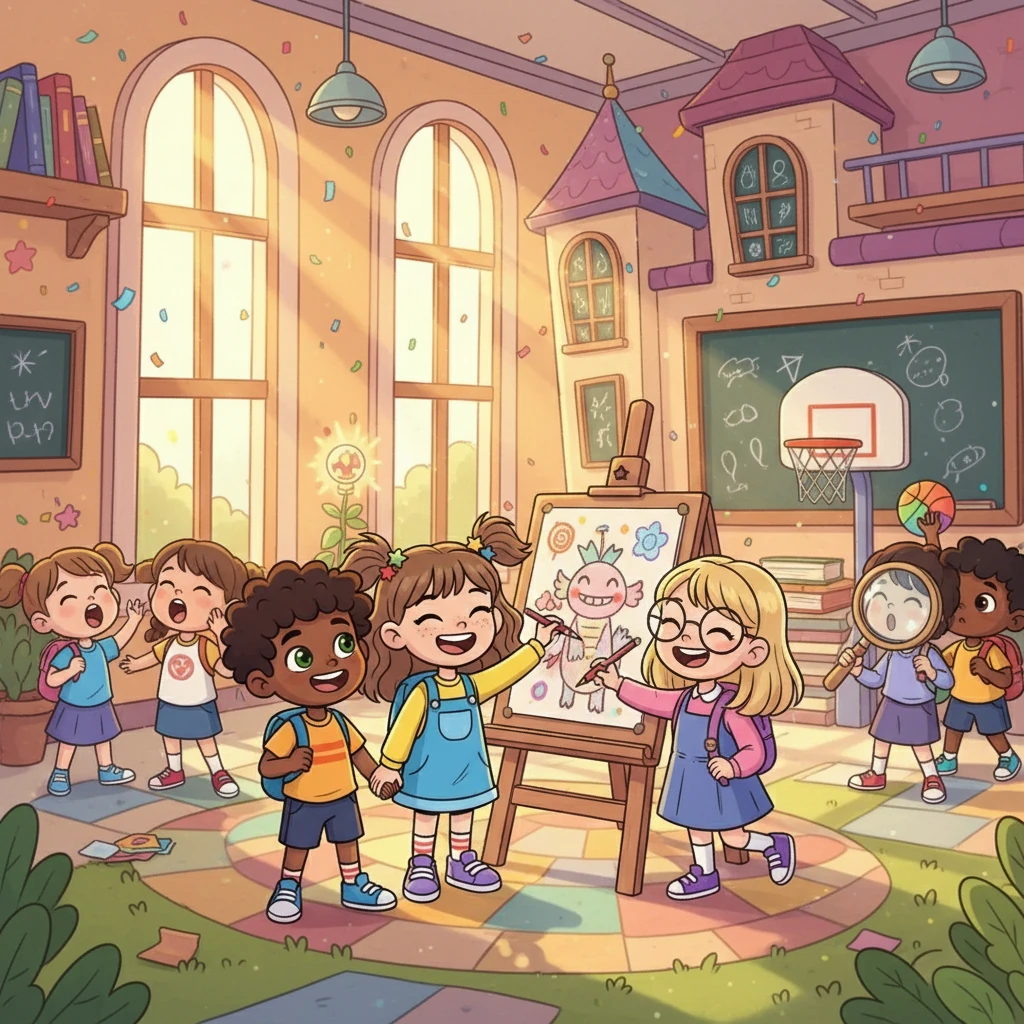 Anya spent her days at the dream school with her best friends. They drew, sang, played sports, and discovered new things together. The school was a second home, filled with happiness and inspiration, a place where dreams took flight and every day was a joyful adventure.