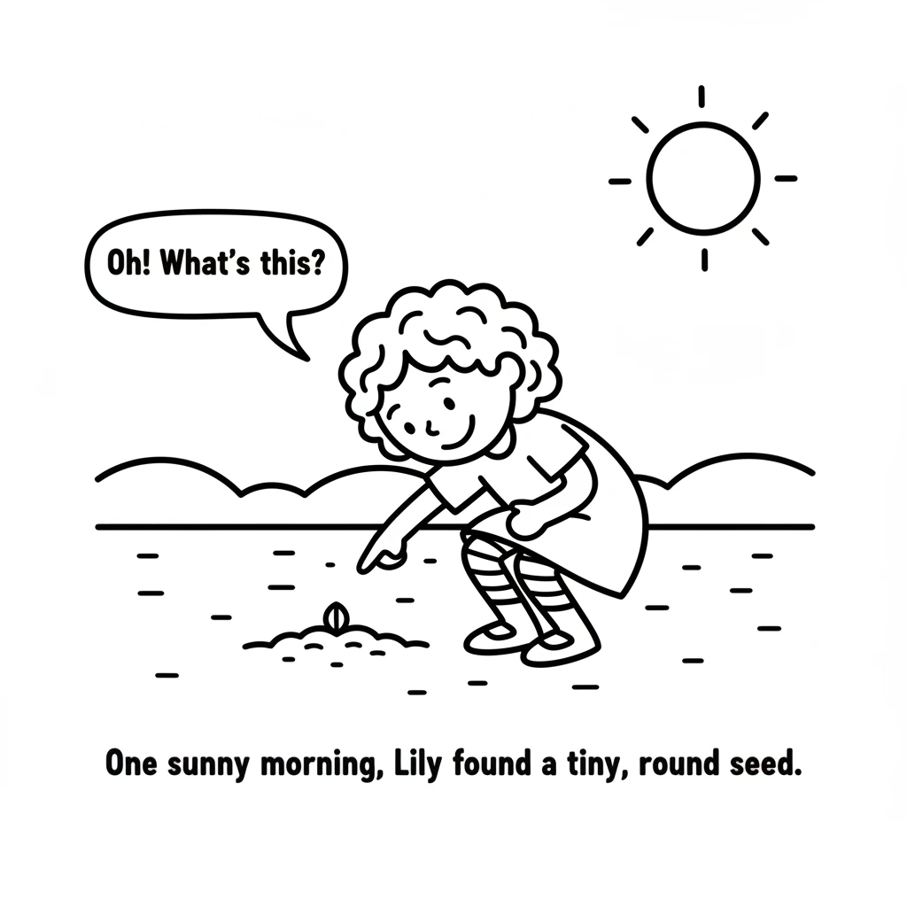 One sunny morning, a little girl named Lily found a tiny, round seed on the ground. It looked so small and alone, nestled in the dirt.