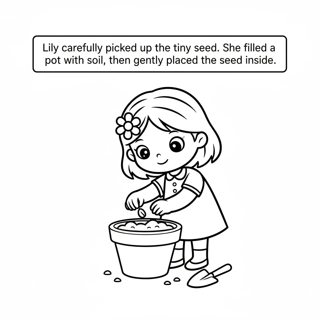 Lily carefully picked up the tiny seed. She found a small pot and filled it with soft, brown soil, then gently placed the seed inside.
