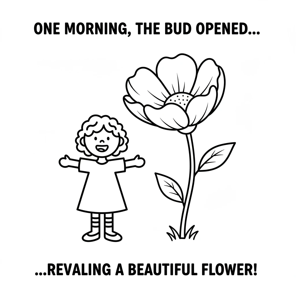 One morning, the bud slowly opened, revealing a beautiful, bright flower. Its petals were soft and perfect, a wonderful surprise.