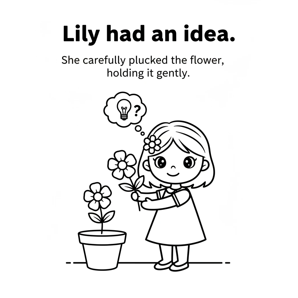 Lily looked at her beautiful flower and had an idea. She carefully plucked the flower from its pot, holding it gently in her hands.
