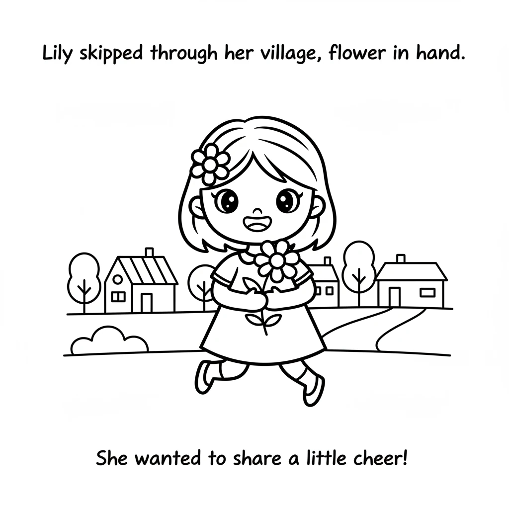 With the flower held close, Lily skipped through her village. She wanted to share her special bloom with someone who might need a little cheer.