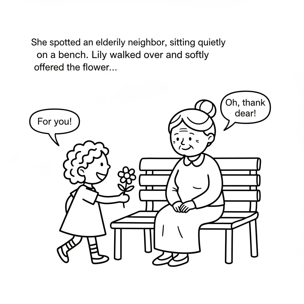 She spotted an elderly neighbor, sitting quietly on a bench. Lily walked over and softly offered the flower, bringing a warm smile to the neighbor's f