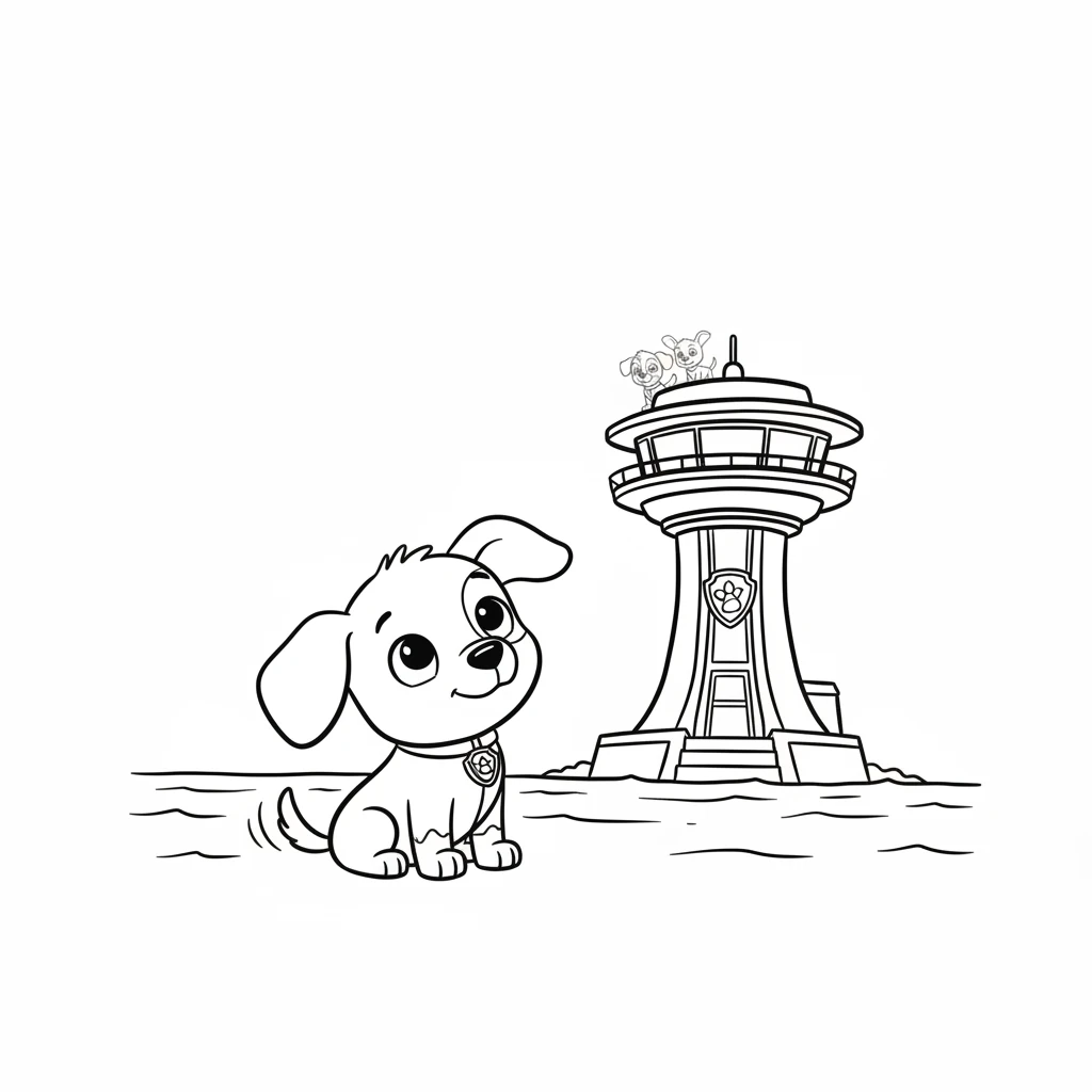 Pip, a small, round puppy with floppy ears, sat at the edge of Adventure Bay, watching the majestic Lookout Tower. He dreamed of one day being a brave Paw Patrol hero, just like Chase and Marshall. Pip wagged his tail, wishing he could join their exciting missions.
