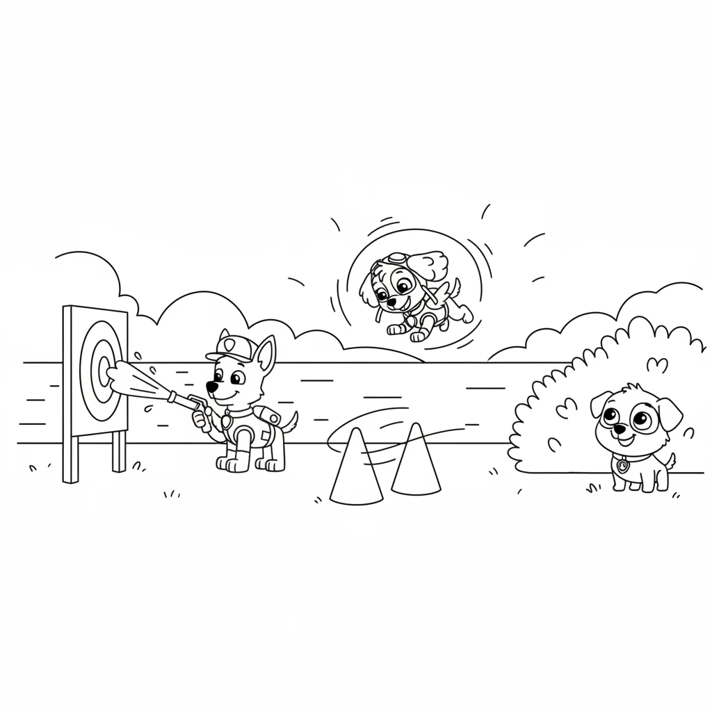 Early one sunny morning, Chase, Marshall, and Skye were practicing their rescue moves near the bay. Chase zoomed around cones, Marshall sprayed water targets, and Skye flew graceful loops in the sky. Pip peeked from behind a tall, leafy bush, admiring their incredible skills.