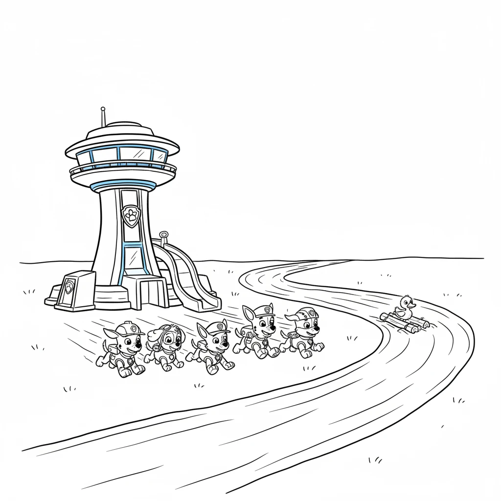 Suddenly, the Paw Patrol alarm blared from the Lookout Tower! Ryder's voice came over the speaker, "Paw Patrol, to the Lookout! We have a problem!" A little duckling was stranded on a tiny log, floating quickly down the river.