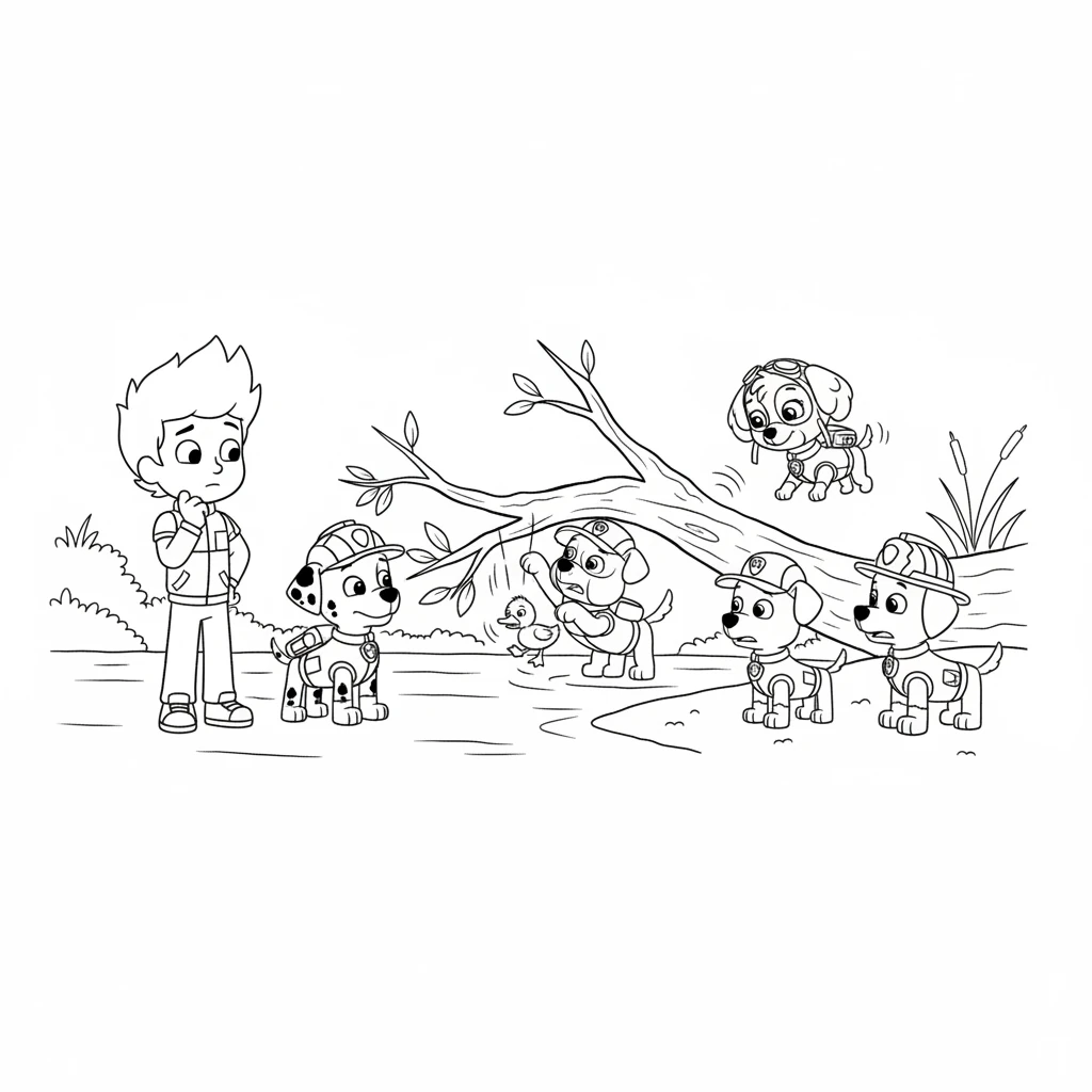 At the river, the duckling was stuck under a low, gnarled tree branch, too small for the bigger pups to reach. Every time they tried, the branch would wobble, making the scared duckling hide even deeper. Ryder and the pups looked puzzled, trying to figure out a plan.