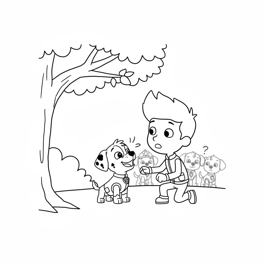 Pip finally arrived, panting, and saw the problem. His small size suddenly felt like an advantage! He barked excitedly at Ryder, pointing his nose towards the low branch. Pip knew he could fit where the big pups couldn't.