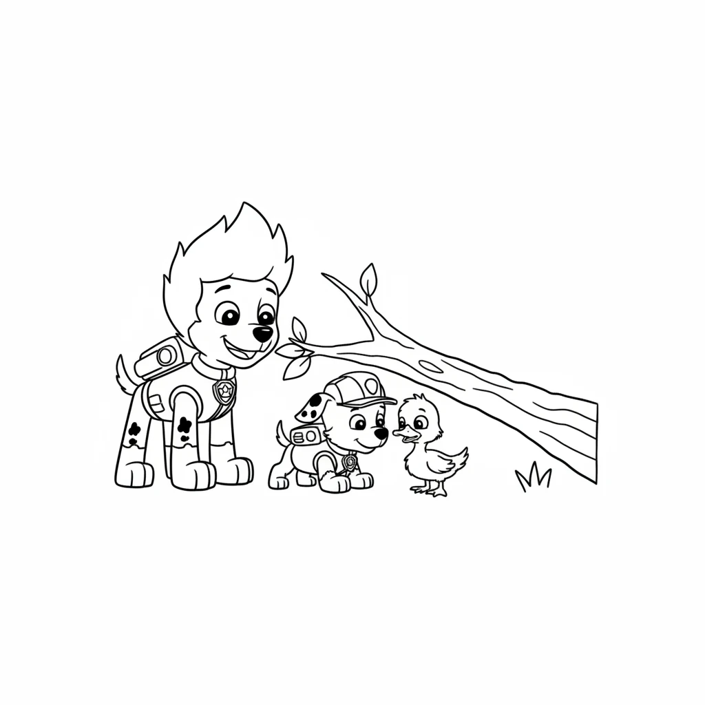 "Good idea, Pip!" Ryder exclaimed, understanding Pip's plan. Pip carefully, step by tiny step, crawled under the low-hanging branch. He gently nudged the frightened duckling, guiding it safely out from under the wood.