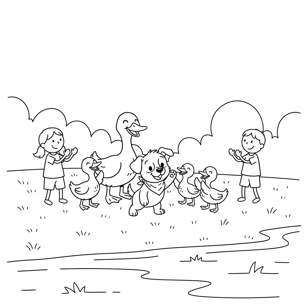 With Pip's help, the duckling was reunited with its worried family on the riverbank. The Mama Duck quacked happily, and the other ducklings cheered. Everyone clapped and cheered for brave little Pip, who had saved the day!