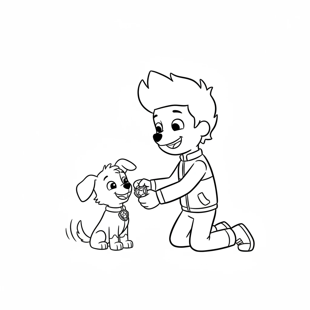 Ryder knelt down and smiled warmly at Pip. "Pip, you were so brave and clever today," he said. Ryder then fastened a shiny, new Paw Patrol badge onto Pip's collar. Pip's tail wagged furiously with pride and joy.