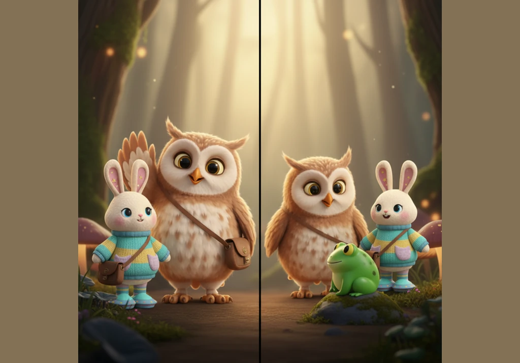 Hoot looks down to see a fluffy rabbit popping out from a cluster of ferns on the forest floor. The rabbit’s long ears twitch as it listens to the mys