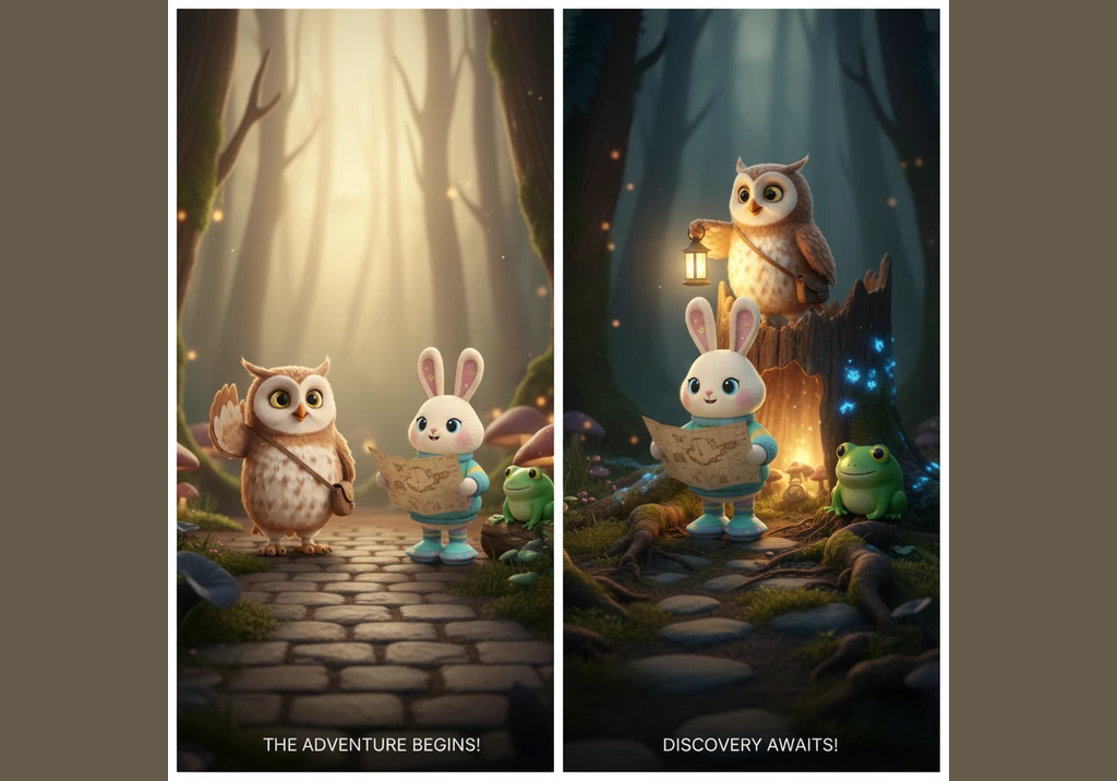 A little mouse with big ears peeks out from the safety of a mossy hollow log. It looks up toward the starry sky, hearing the gentle flap of wings pass