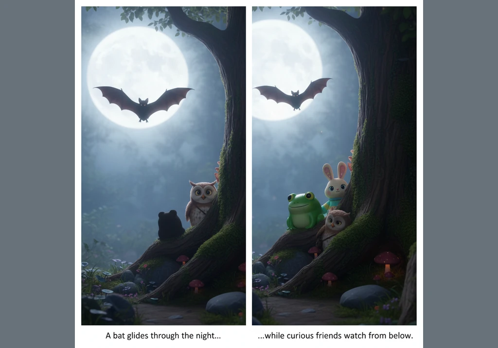 A bat glides gracefully through the cool air, its wings silhouetted against the bright, round moon. Down below, a curious creature is tucked away and