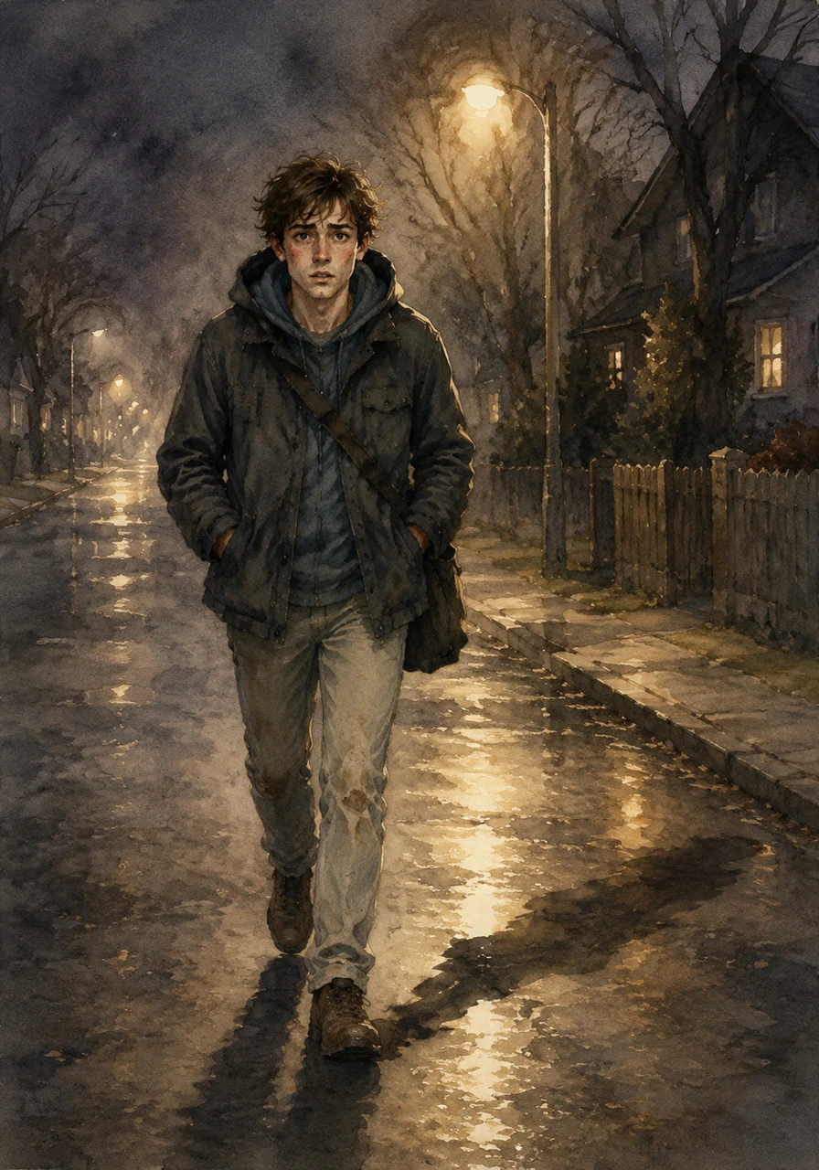 Jake walked home quickly, his feet tapping rhythmically on the cool, damp pavement beneath the faint glow of scattered streetlights. His shadow stretched long and thin, keeping him company in the silent evening.