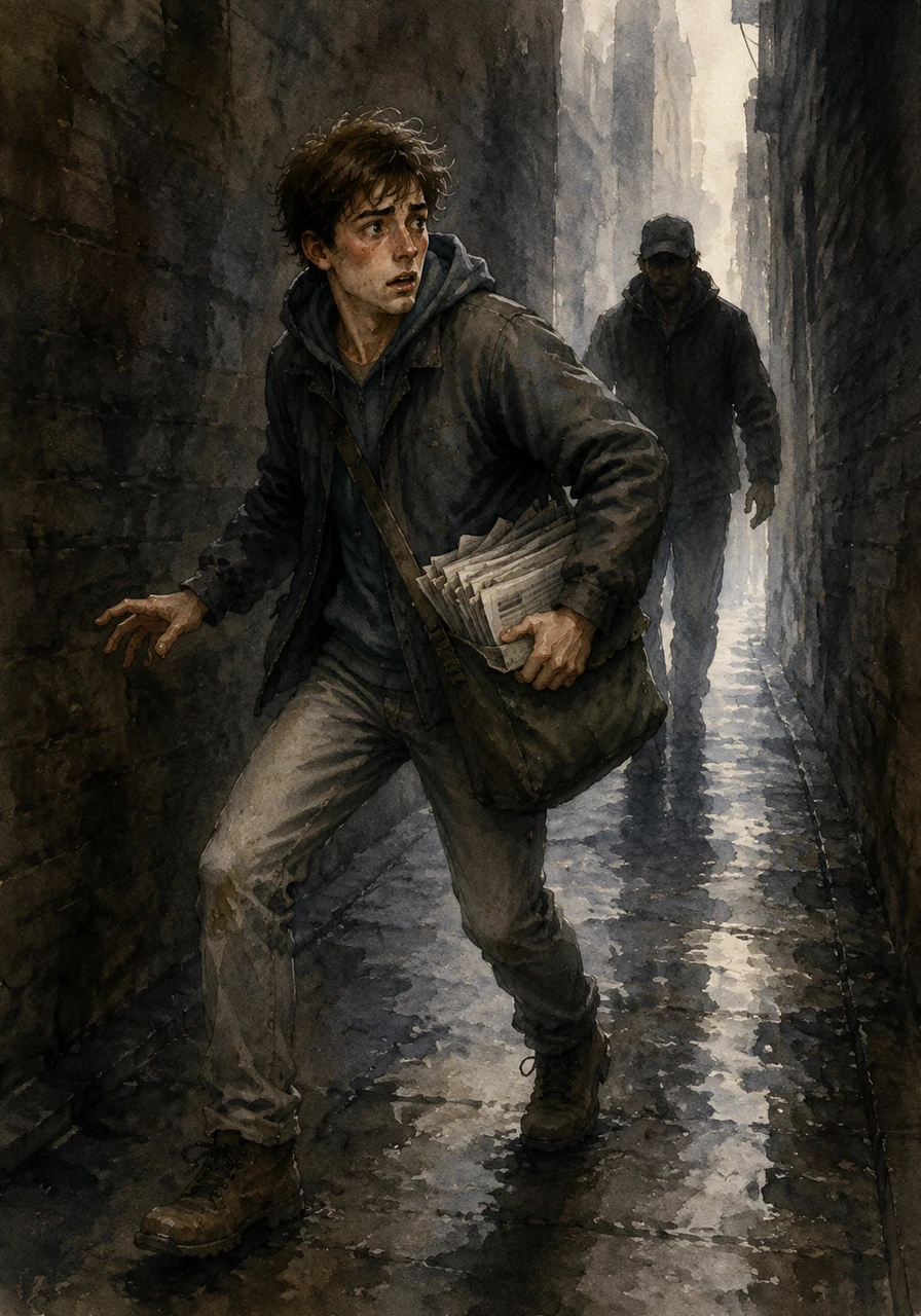 Suddenly, a sharp *clack* echoed behind him, followed by another and another—unmistakable footsteps, growing louder and faster. In a dark, narrow alleyway, his breath hitched as a tall silhouette materialized against the deeper shadows, closing the distance.