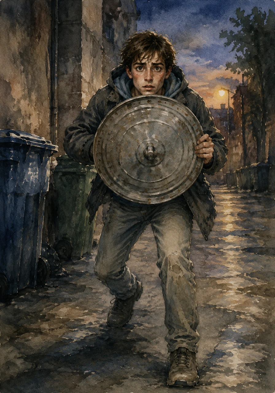 Heart pounding like a trapped bird, Jake knew running wasn't an option. Spotting a metal trash can gleaming faintly near some recycling bins, he lunged, grabbing the cool, heavy lid like a warrior's shield.
