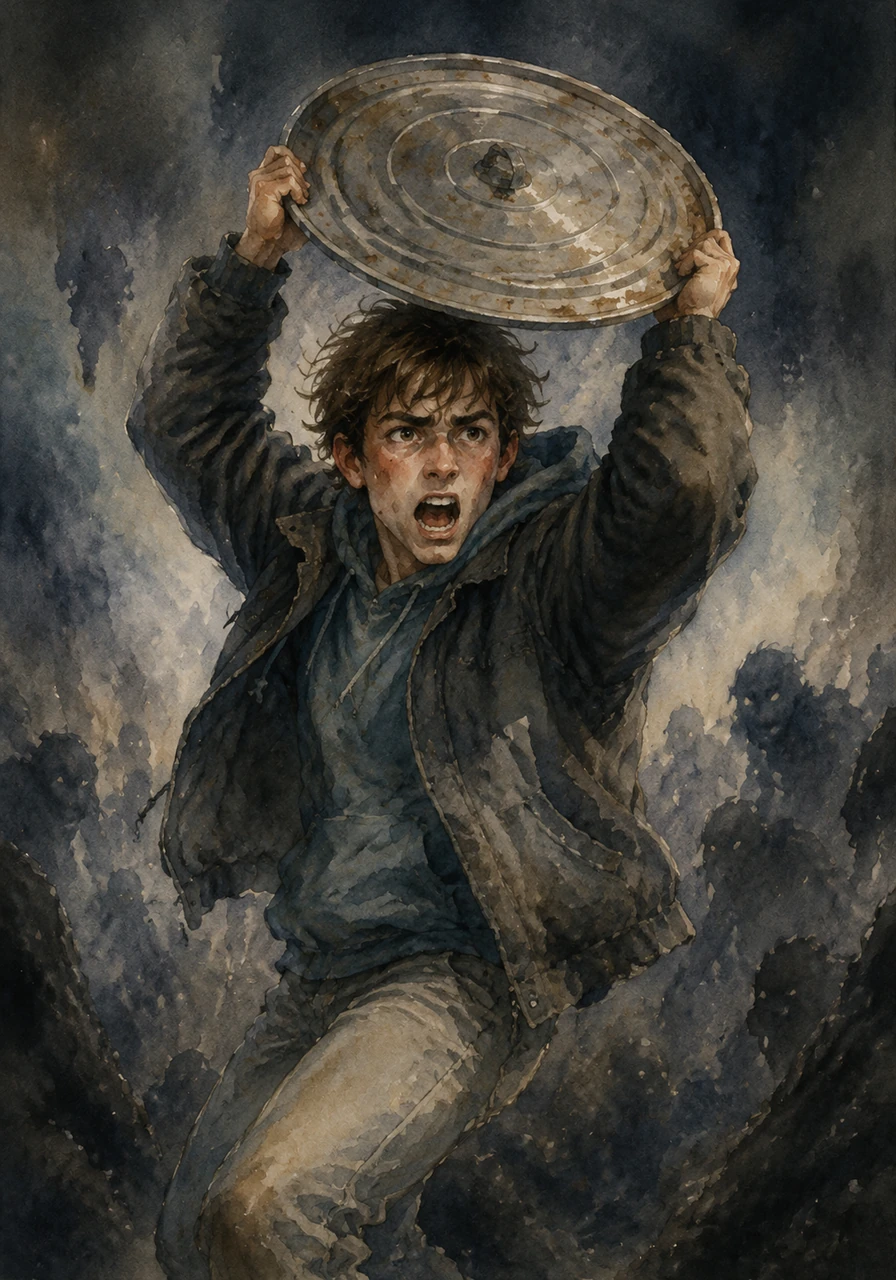 Spinning around, Jake raised the dented metal lid high and bellowed into the darkness, 'STAY BACK!' His voice shook slightly but carried determination, surprising even himself.