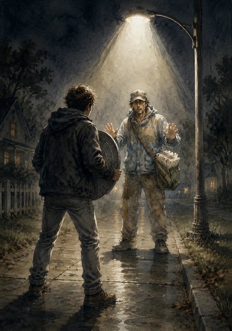 The tall figure, caught in the sudden, unexpected glare of a newly illuminated streetlight, stopped abruptly, hands slightly raised. It was merely the tired paper carrier, surprised by the sudden confrontation, while Jake stood triumphant in his brave stance.