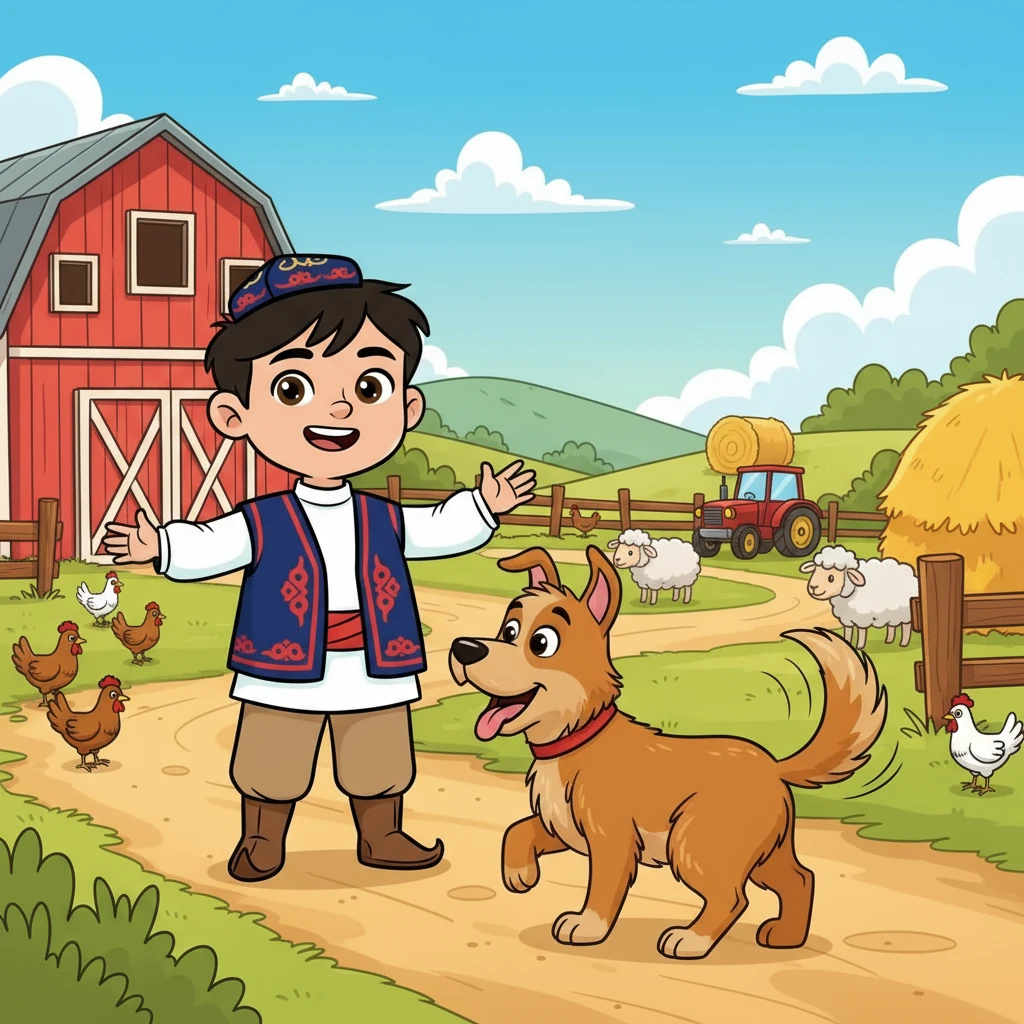 Alim went to the farm. He was so excited! He saw a big, brown dog wagging its tail.