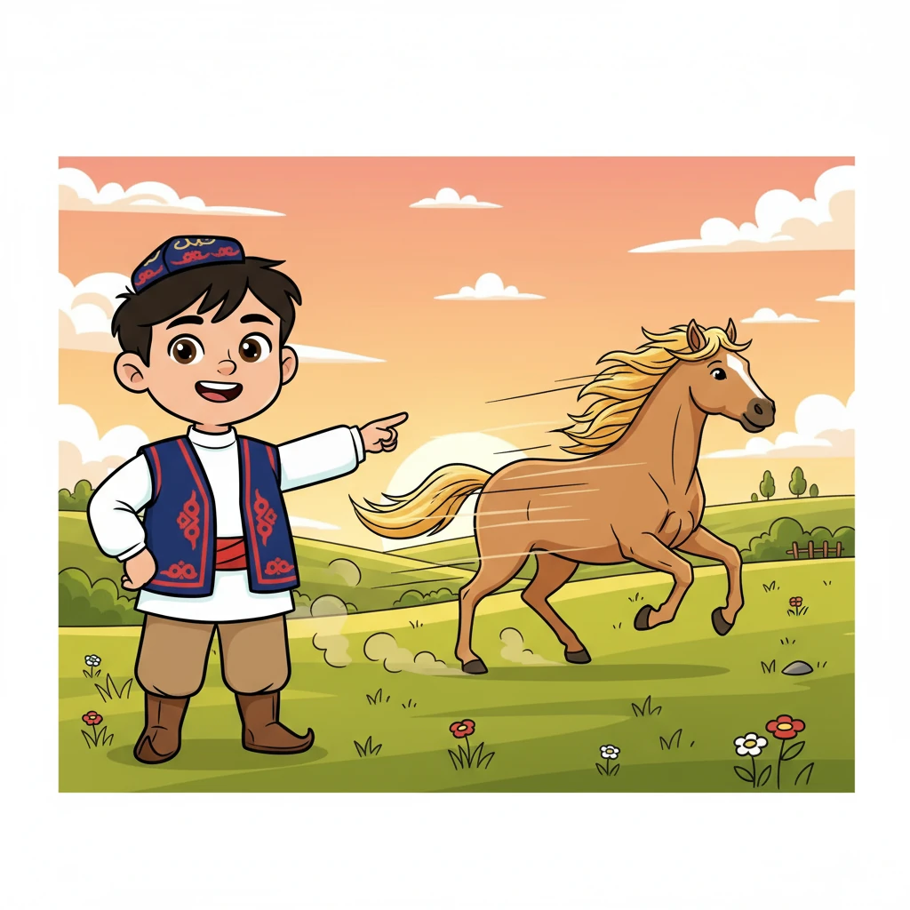 The horse is running in the field. It is very fast! Alim loves to watch the horse run.