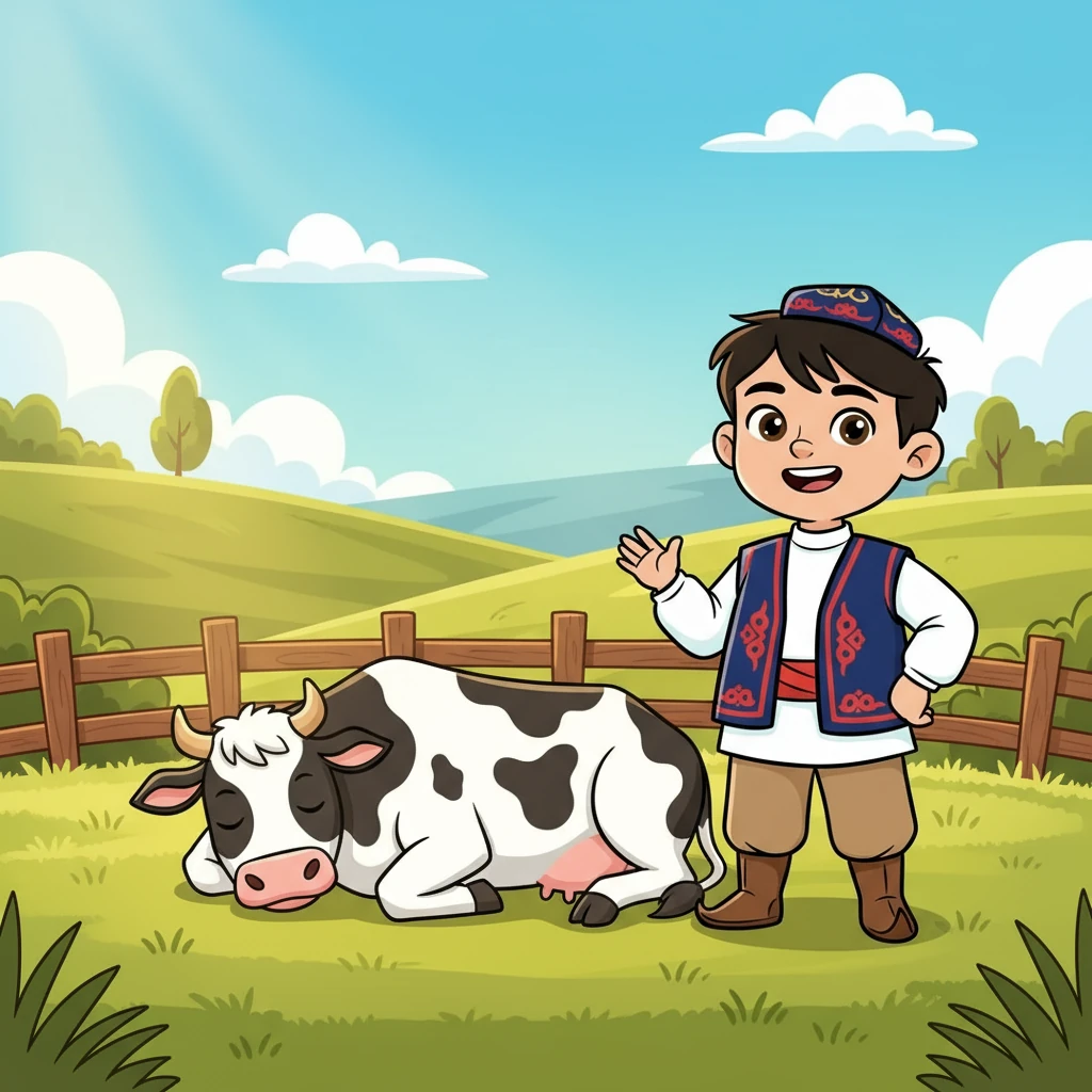 The cow is sleeping in the sun. It is a warm day. Alim smiles at the sleeping cow.
