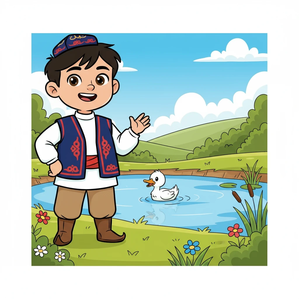 The duck is swimming in the pond. It is quacking. Alim waves goodbye to the duck.