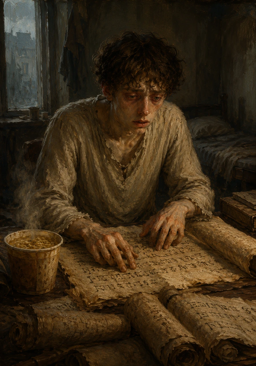 You sit hunched over your cramped desk, the steam from a cup of cheap instant noodles the only warmth in your drafty, dimly lit apartment. Your fingers ache from translating ancient scrolls for the royal court, and your bank account is nearly empty, a constant reminder of the Alpha family that disowned and abused you before kicking you out at eighteen.