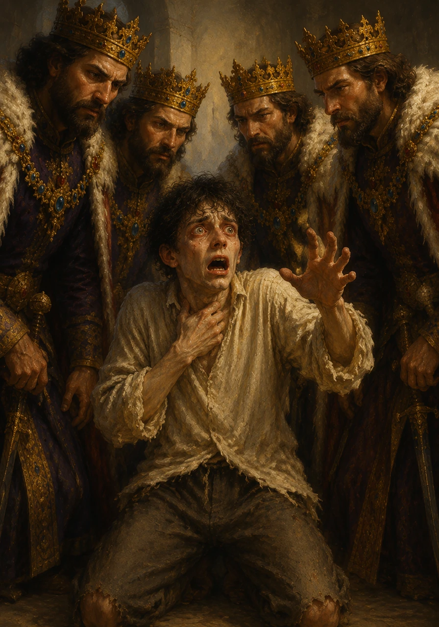When the kings move closer to offer comfort, the sheer intensity of their combined scents and presence triggers a crushing sensory overload. You frantically tug at your collar, gasping for air as the fabric feels like a noose, your mind spiraling into a terrifying panic attack where every movement around you feels like an impending blow.
