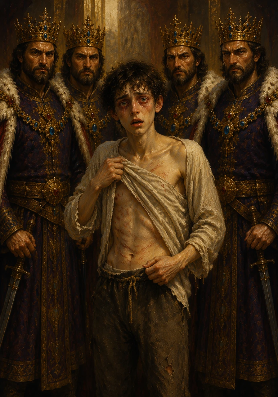 In your frantic struggle to breathe, your shirt shifts to reveal the silvered scars and faded bruises left by your biological family, silencing the room instantly. The kings' expressions transform from concern to a terrifying, protective rage directed at the world that hurt you, yet they remain perfectly still to avoid frightening you further.