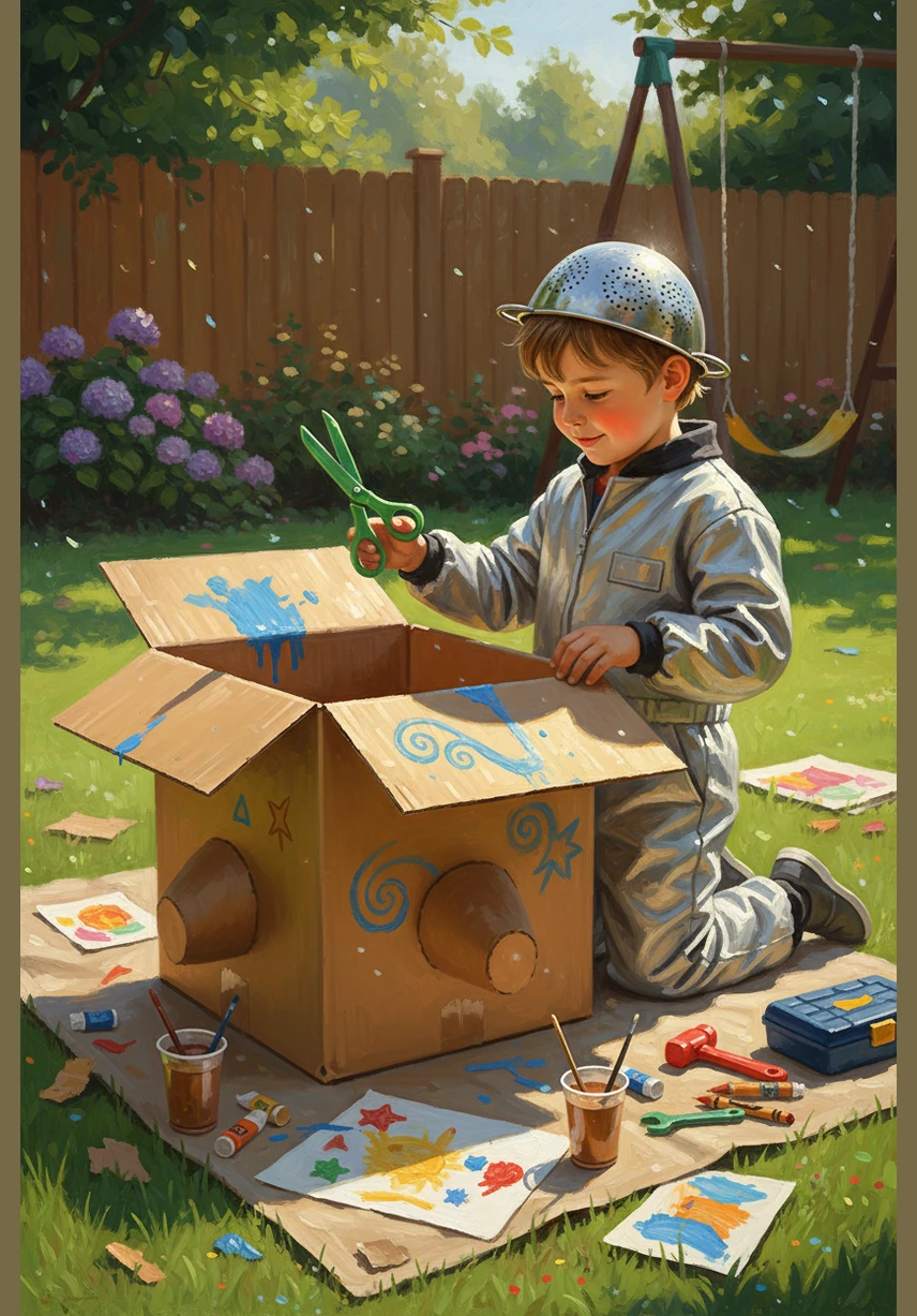 Leo sits in his sun-drenched backyard, surrounded by markers and rolls of silver tape as he transforms a giant cardboard box into a magnificent spaceship. He carefully paints a control panel with colorful buttons and dials, wearing a colander on his head like a brave astronaut. With a final stroke of blue paint, his vessel is ready for a journey beyond the clouds.