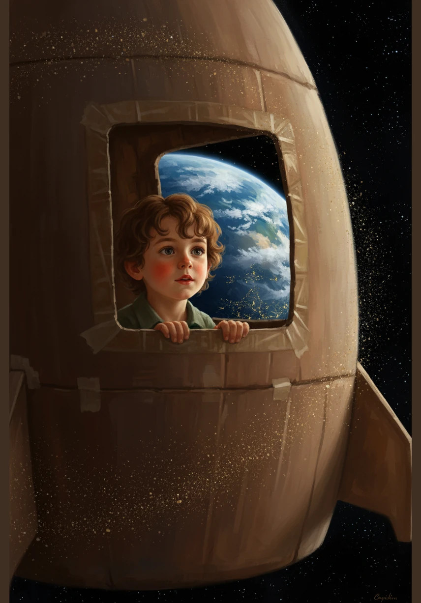 With a soft hum and a sprinkle of stardust, the cardboard ship lifts off from the green grass and climbs high into the velvet night sky. Leo watches through his square window as the city lights below turn into tiny glowing embers. Soon, the Earth appears as a beautiful blue and white marble floating in the vast, quiet ocean of space.