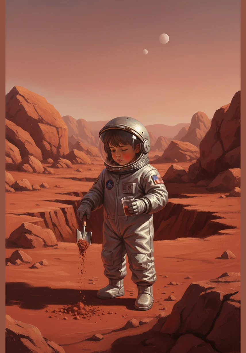 On the dusty red plains of Mars, Leo walks past giant boulders and looks down into canyons deeper than any on Earth. He uses a small shovel to collect a sample of the rusty soil, wondering if tiny aliens once lived among these crimson hills. Above him, two small moons hang in the pink sky like pale, distant pearls.