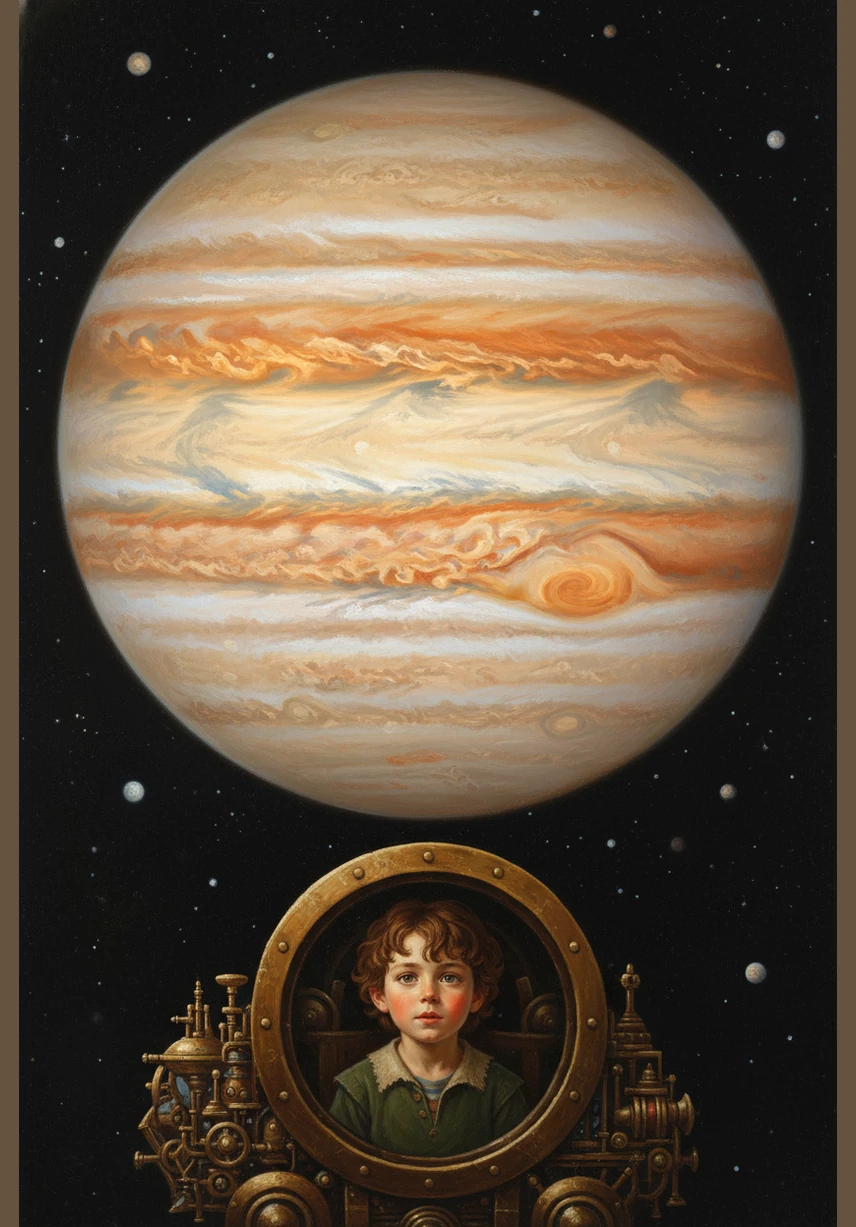 Leo’s ship looks like a tiny speck as it approaches Jupiter, the gargantuan king of the planets with its beautiful stripes of tan and cream. He stares in awe at the Great Red Spot, a massive storm that swirls like a cup of cosmic tea. Dozens of moons orbit the giant planet, sparkling like diamonds in the dark.