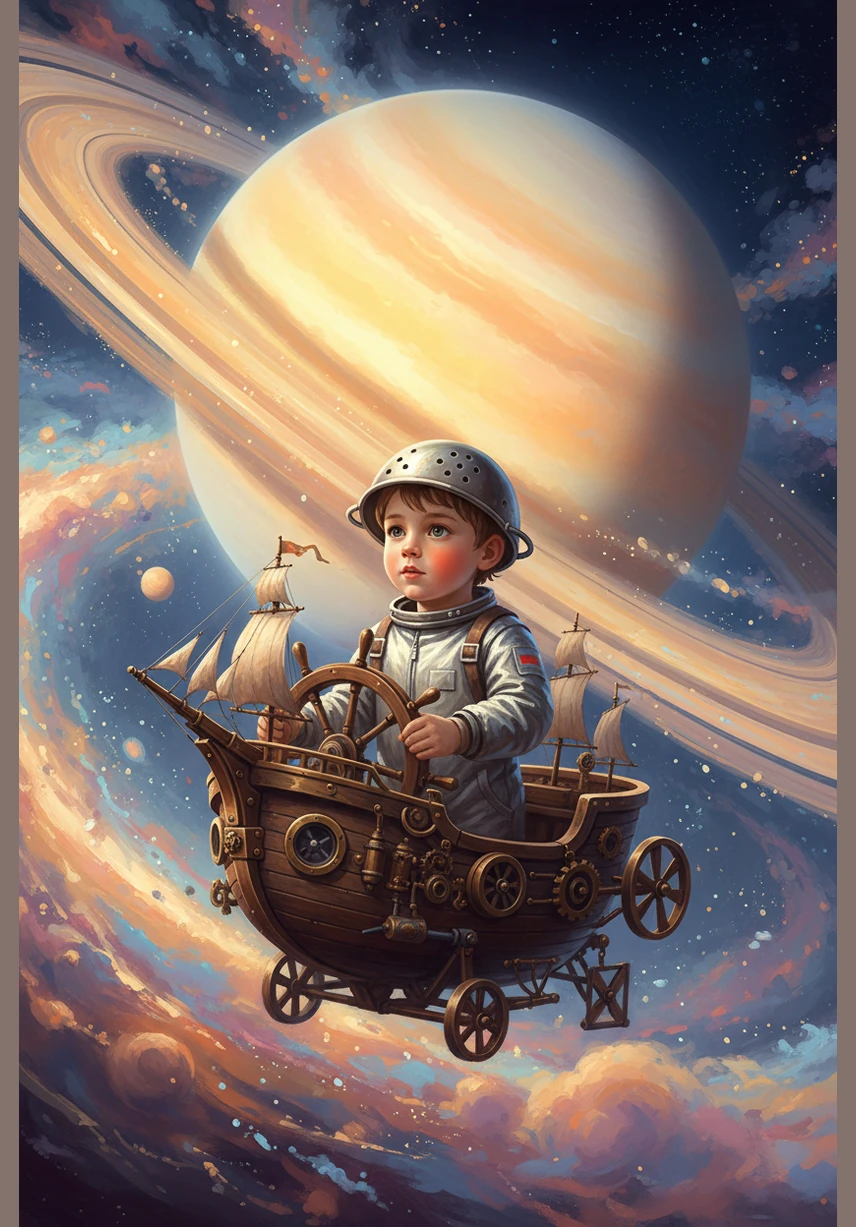 The most magical part of the trip begins as Leo reaches Saturn and its magnificent, glowing rings. He steers his ship through the bands of sparkling ice and rock, which glitter like a million tiny mirrors in the sunlight. The planet itself is a soft, buttery yellow, looking peaceful and grand in its icy crown.