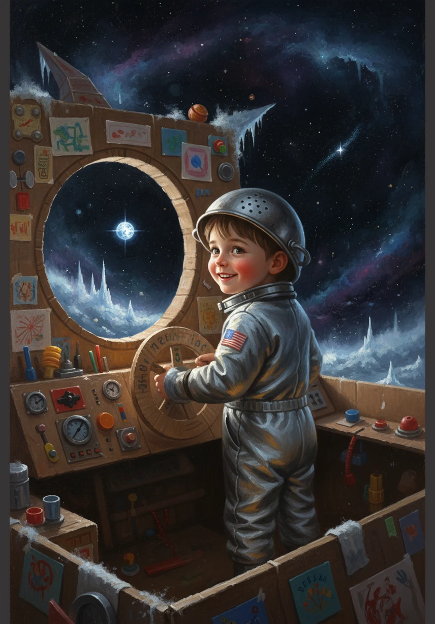 At the very edge of the solar system, Leo stops his ship and looks back at the tiny, flickering dot of light that is his home. He feels very small but also very brave for having traveled so far across the galaxy. With a happy heart, he turns his cardboard steering wheel and begins the long journey back to Earth.