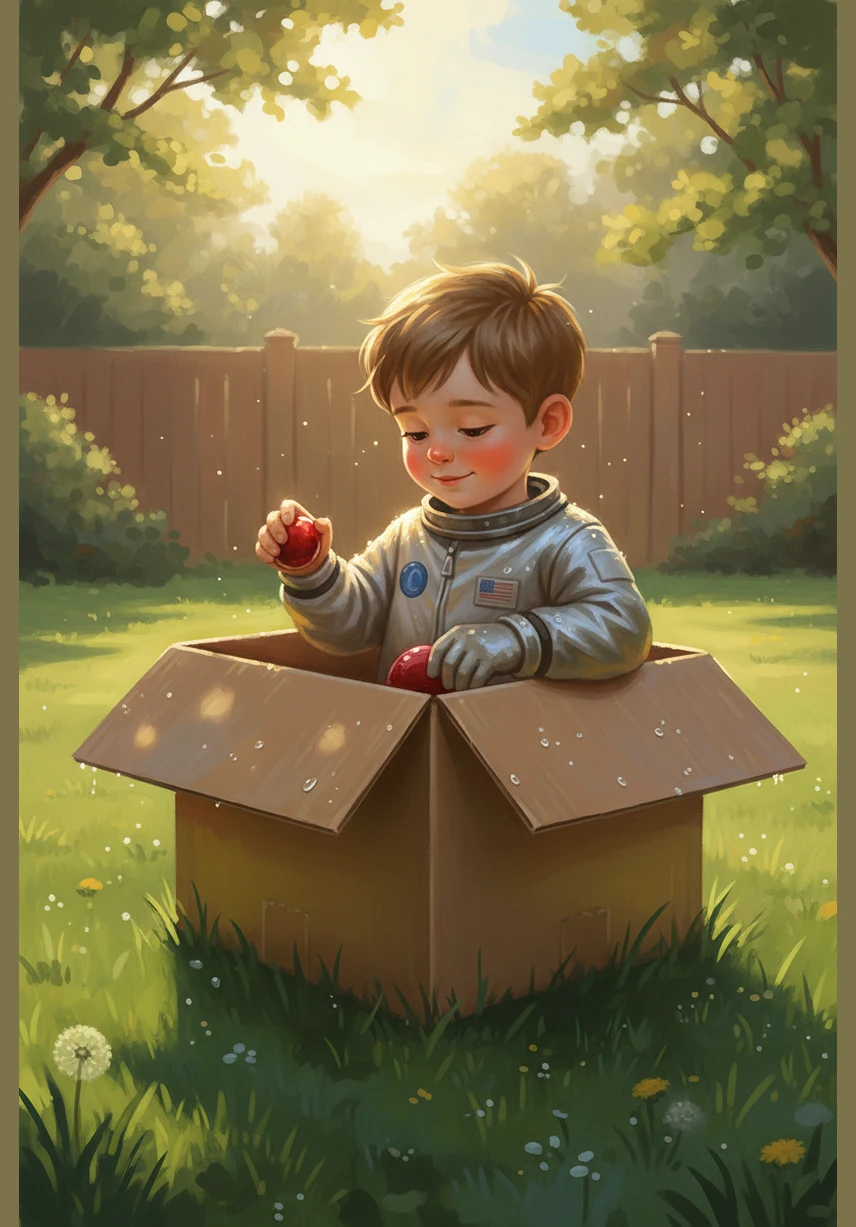 Leo wakes up to the sound of birds chirping, finding himself tucked inside his box in the middle of the backyard. The morning sun is warm on his face, and his spaceship is covered in a light layer of sparkling dew. He smiles and reaches into his pocket, finding a smooth red stone that reminds him of his wonderful adventure among the stars.