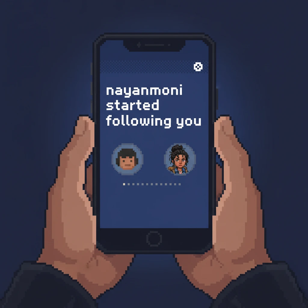 Shashwati's phone screen glows with a new notification. A simple text, "nayanmoni started following you," appears against a dark background. Two small, pixelated profile icons, one unknown, the other hers, are subtly linked by a dotted line, representing the new connection. The screen background is a deep blue, with the notification text in bright white pixels.