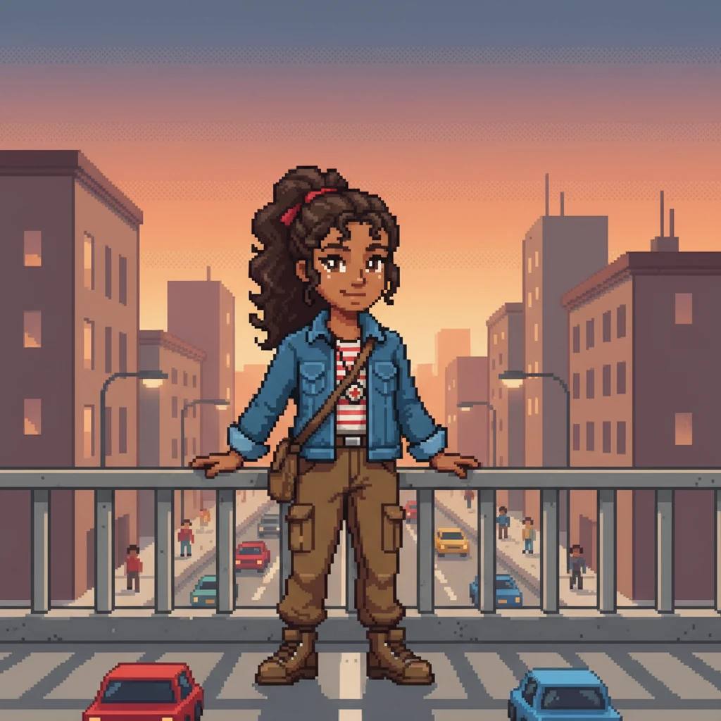 Days later, Shashwati stands on a pixelated bridge overlooking a bustling city street. Her hair, rendered with simple brown blocks, is tied up, with a few strands depicted as small, wavy pixels. Below, tiny blocky cars move in lines, and miniature figures walk, capturing a quiet moment of observation, all rendered in a limited palette of grays, blues, and a touch of orange for the sunset.