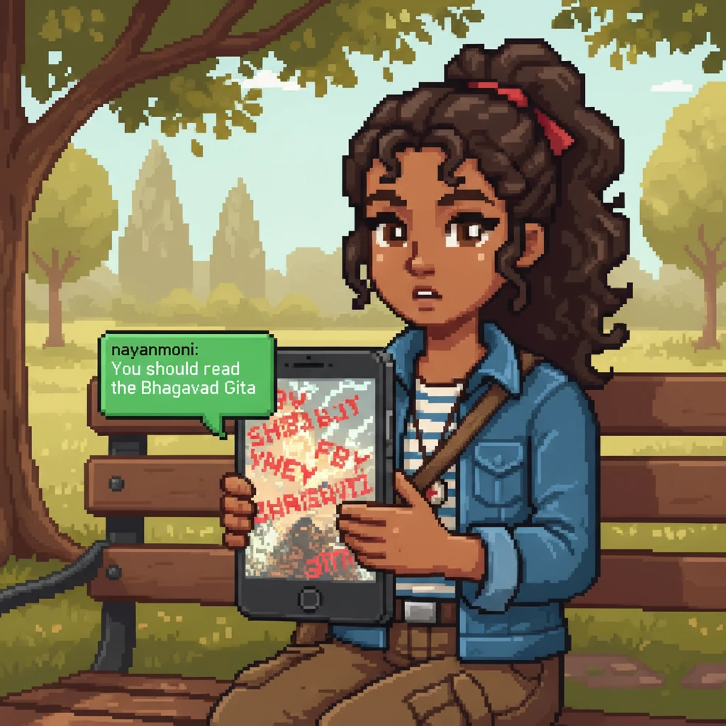 Shashwati's phone screen displays a story, featuring blocky, distressed text in red pixels. A new message pops up from "nayanmoni," a small, distinct pixelated speech bubble containing the words "You should read the Bhagavad Gita." The simple, unexpected advice stands out against the chaotic story background, rendered in a calming green pixelated bubble.