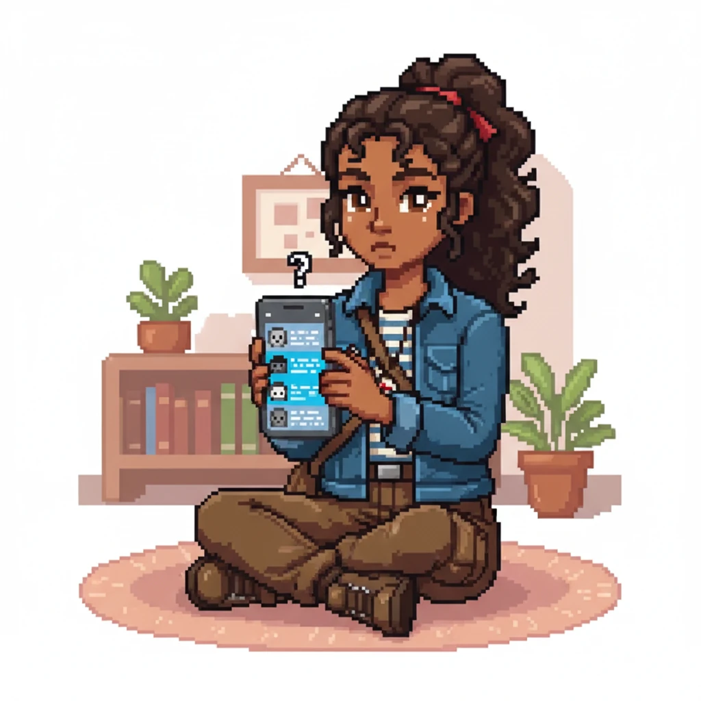 Shashwati's phone screen shows a series of anonymous NGL messages, represented by generic pixelated icons and simple text. One message, however, is subtly highlighted with a slightly brighter blue color, signifying her growing suspicion and curiosity about its sender. A tiny, pixelated question mark floats above an implied head icon.