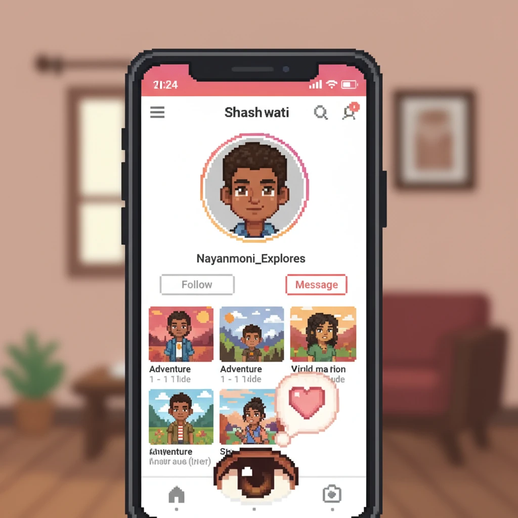 Shashwati's phone screen now shows Nayanmoni's Instagram profile. His profile picture, a detailed pixelated portrait, captures his curly hair, brown eyes, and warm smile. Shashwati's own pixelated eye icon is enlarged at the bottom of the screen, fixated on the profile, a quiet thought bubble above her head hinting at a profound realization with a glowing heart pixel.